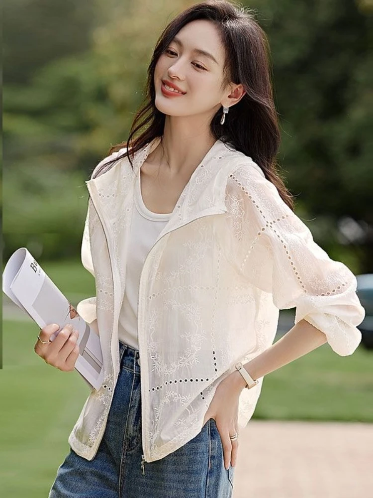 

Women's Sheer Crochet Sun Hoodie Jacket - Chic Lace Embroidered Cover-Up with Lace Panels | Boho Beachwear for Summer