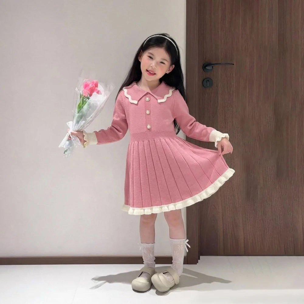 Bear Leader Girls Knit Dress Ruffle Cuff Hem Pearl Buttons Long Sleeve Pleated Knitted Dress Kids Sweet Princess Daily Outfit