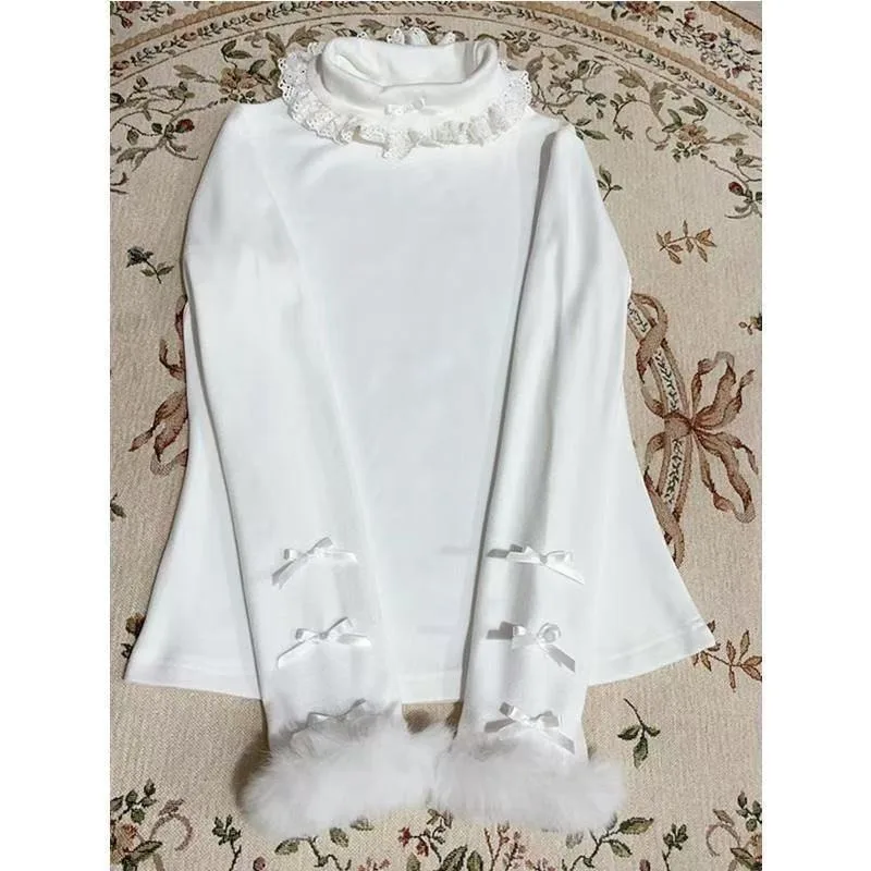 

Japanese Pink Lolita Kawaii Blouse Women O-neck White Korean Sweet Cute Blouse Long Sleeve Princess Elegant Blouse Winter 2023