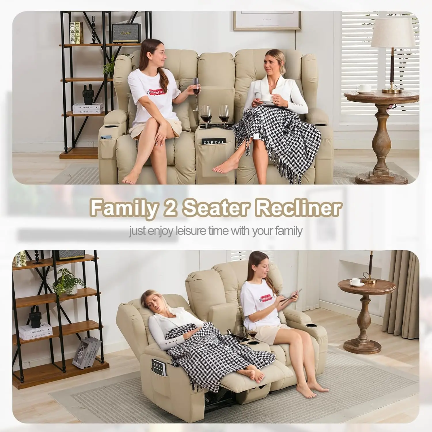 65.5" RV Loveseat Recliner Double Recliner RV Sofa i konsola |   Hugger ścienny rozkładany RV |   Fotele do kina RV |   Kanapa RV