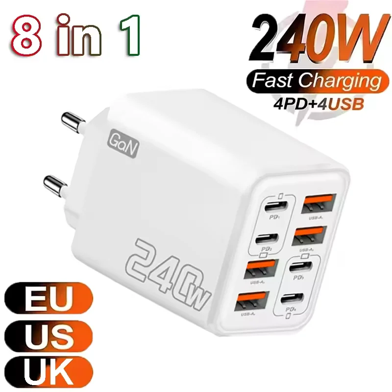 GaN USB C Charger 240W 8 in 1 Fast Charging Phone Charger Power Adapter For iPhone Samsung Xiaomi Type C EU/US Plug Wall Charger
