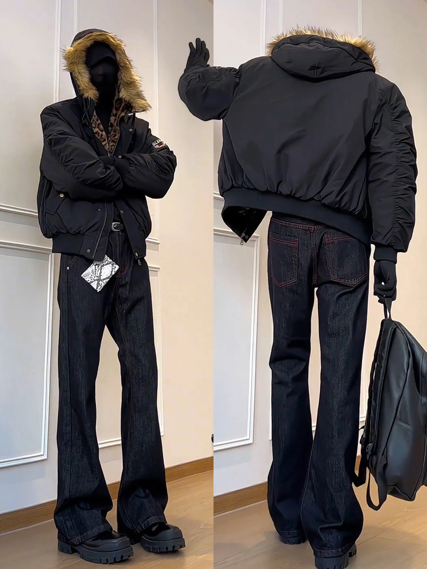 

Color Blo Knife Micro Flared Denim Jeans Men's Autumn Winter High Street Red Long Leg Slimming Jeans