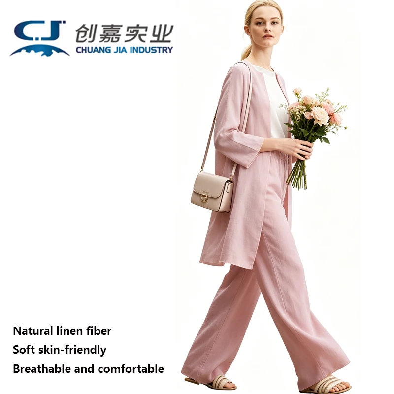 High-end Linen Women's Suit Powder Divided Long Shirt and Trousers 2 Pieces of Elegant Relaxed Casual Clothing Comfortable