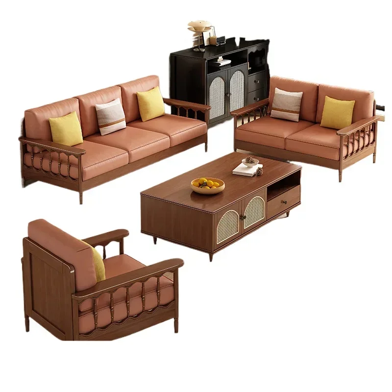 Medieval solid wood sofa, modern simpl e living room ch air household sm all apartment straight row fabric s ofa