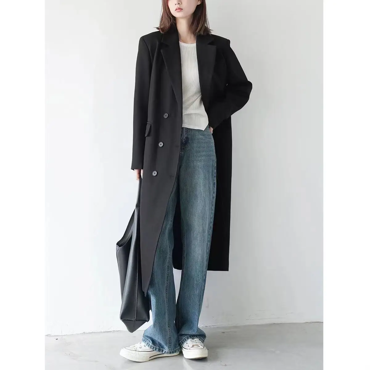 Casual Double Breasted Long Blazer Trench Coat Korean Fashion Turn-down Collar Windbreaker Jacket Vintage Office Lady Outwear