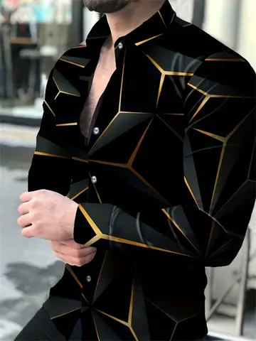 Men's long-sleeved shirt with black and gold geometric line print design, stylish casual cardigan top, comfortable fabric.