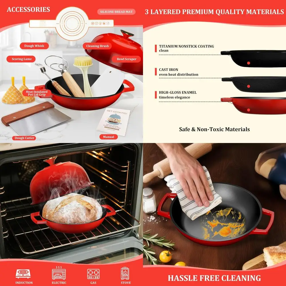 

Enameled Cast Iron Dutch Oven, 5-Quart Bread Baker with Dome Lid, Perfect Crust, Oven Safe Up to 500°F, Classic Red