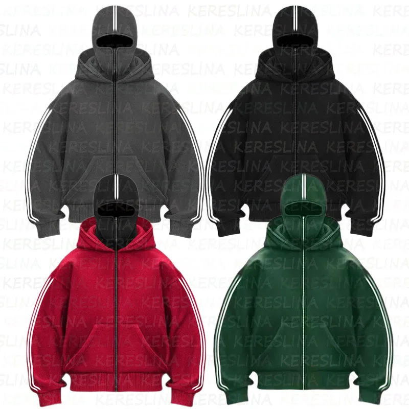Tendência design duplo chapéu solto zíper hoodie personalizado na moda outono inverno cardigan gótico impresso listras casaco masculino feminino