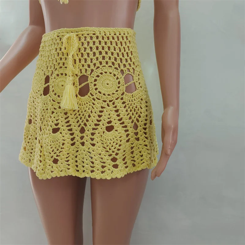 Crochet Kint Cover Up dwuczęściowy zestaw letnia plaża ręcznie dzianinowa Crop Top z wycięciem Mini spódniczka Sheer kabaretki Cover Up Beach Wear