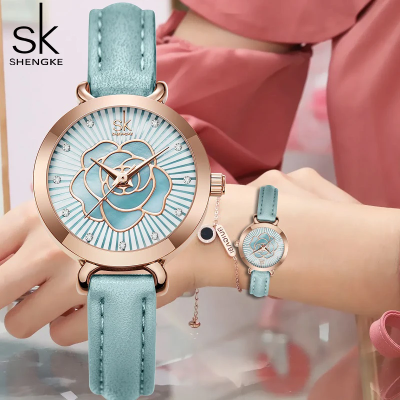 Shengke Fashion Design Women Leather Watches Classical Flower Face Woman Wristwatches Japan Movement Quartz Watch Reloj Mujer