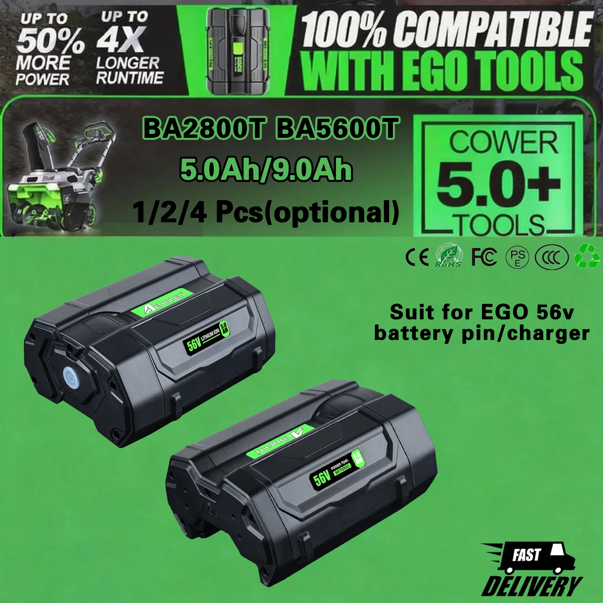 

【1 ~ 4 шт.】5,0 Ач/9,0 Ач BA5600T Замена для EGO 56 В BA2800T литий-ионный аккумулятор Pin Power + BA1400T, совместимый с инструментами 56 В CS1604 HT2400