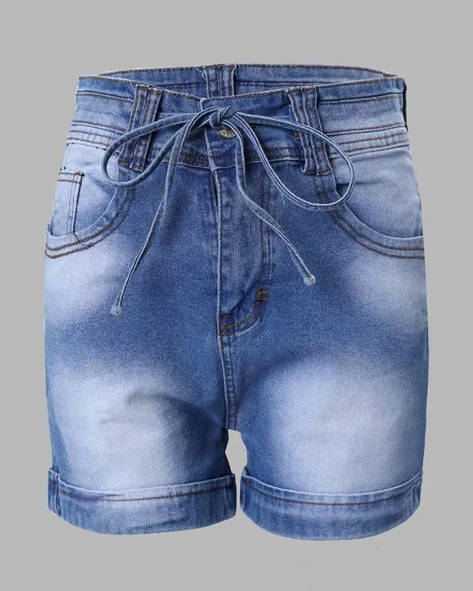 Casual High Waist Denim Shorts Pocket Zipper Tied Detail Design Above Knee Daily Women\'s Fashion Skinny Denim Short