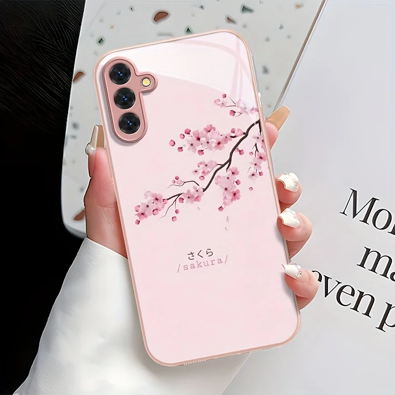 Pink cherry blossom tempered glass phone case suitable for Samsung Galaxy S26 S25 S24 S23 S22 S20 FE/Ultra/Plus anti drop