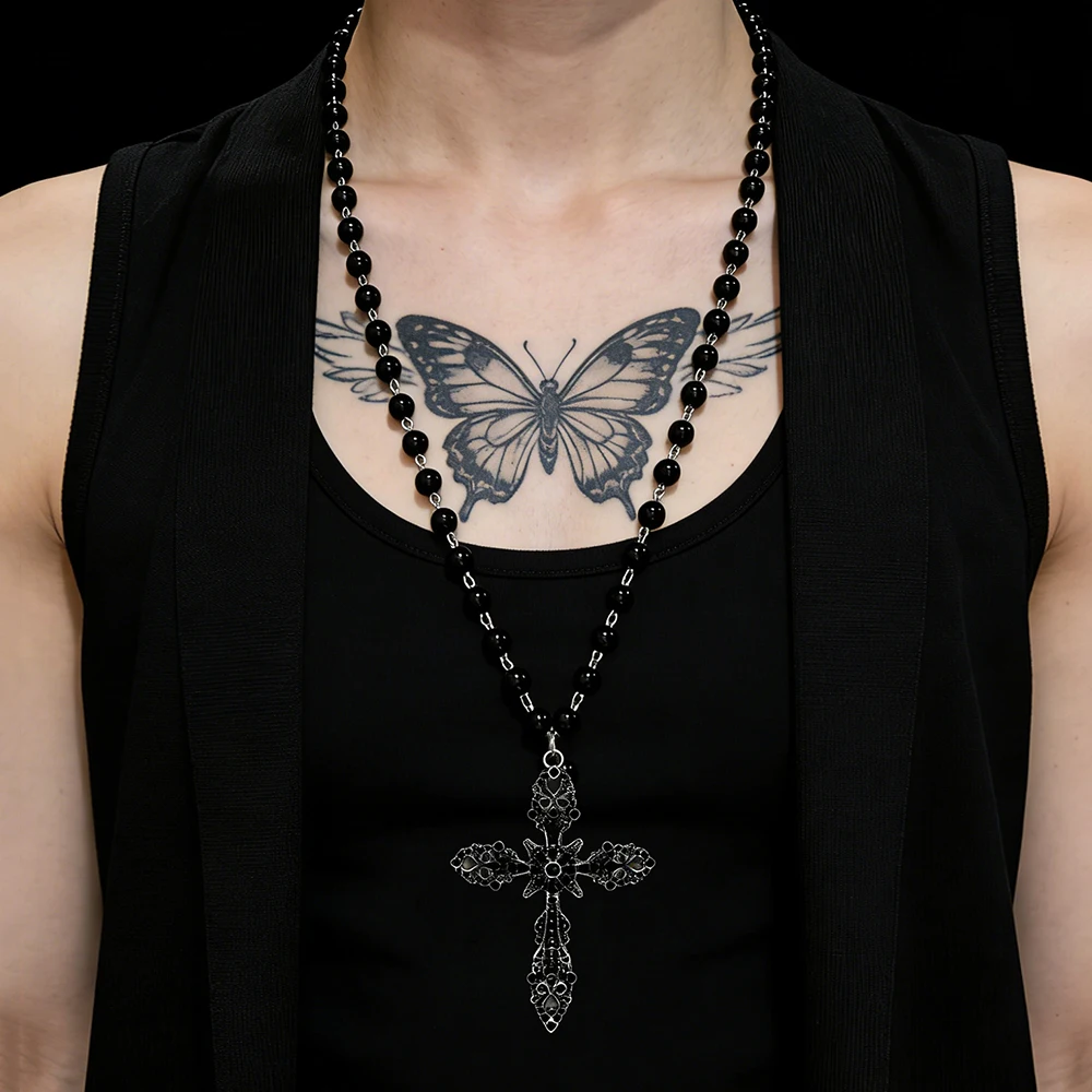 Y2K Dark Aesthetic Rosary Style Cross Necklace Antique Silver Filigree Cross Choker for Grunge & Alternative Outfit