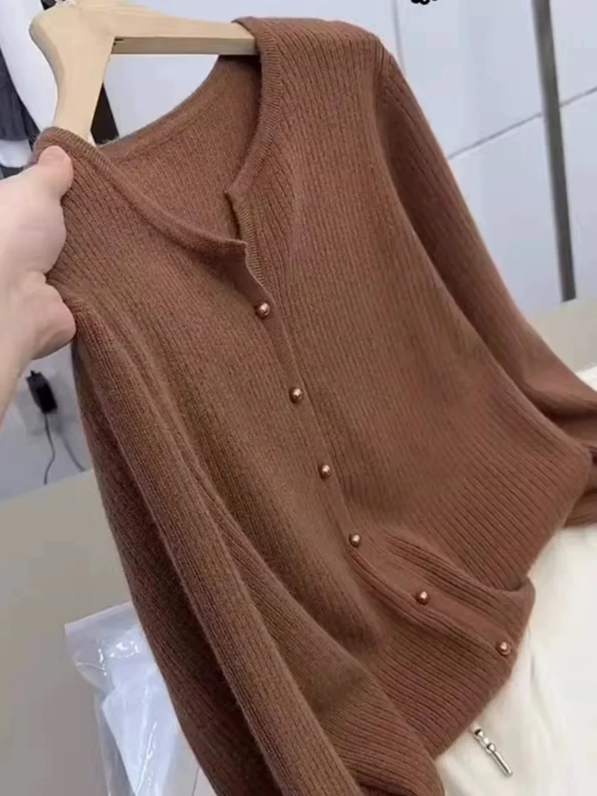 

Женский кардиган из 100% мериносовой шерсти с круглым вырезом и длинными рукавами, базовый свитер Grace на весну и осень, офисная одежда, модный топ