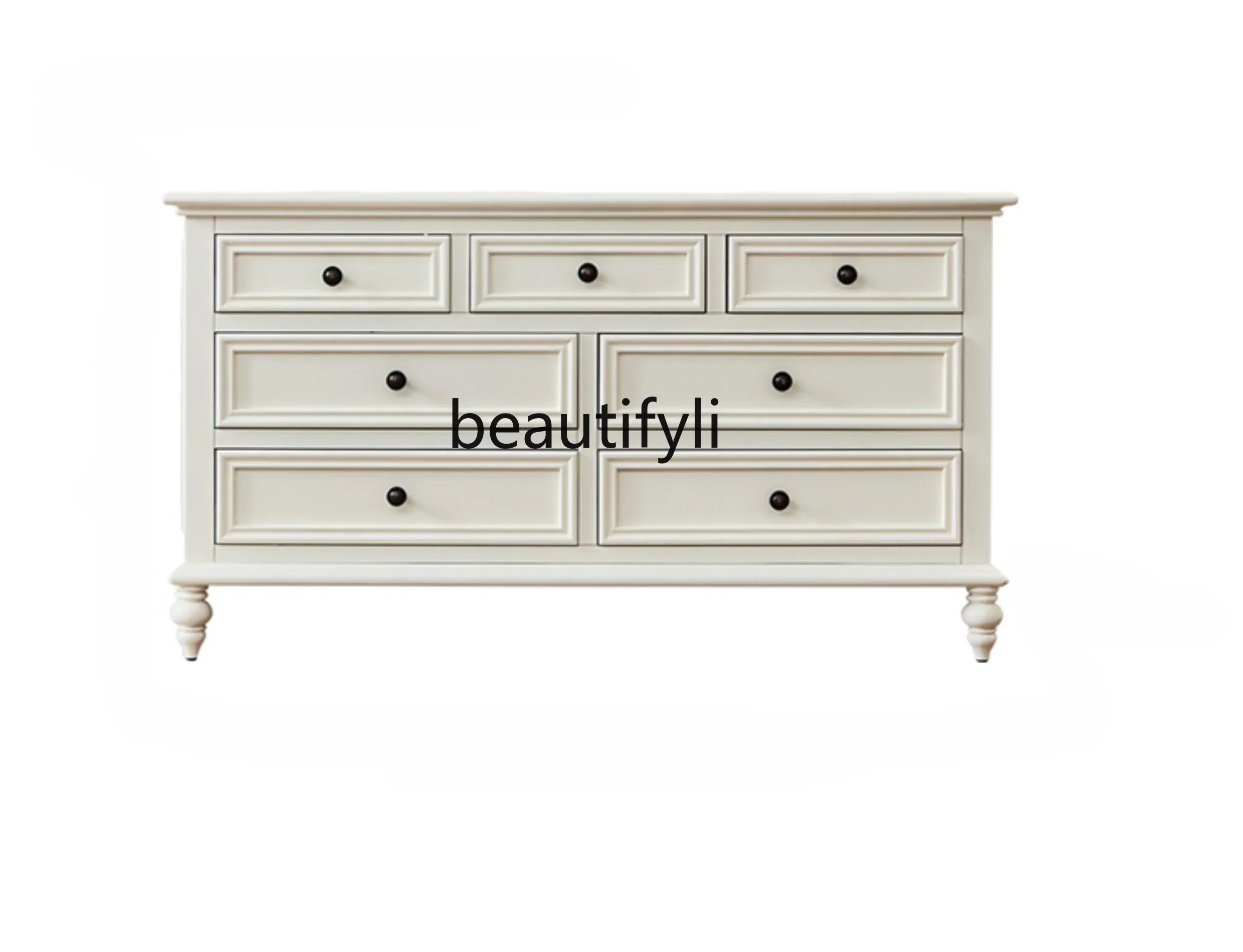 

cqyAmerican-Style Solid Wood Chest of Drawers White Dressing Table Integrated Bedroom Tailstock Cream Color Storage Cabinet