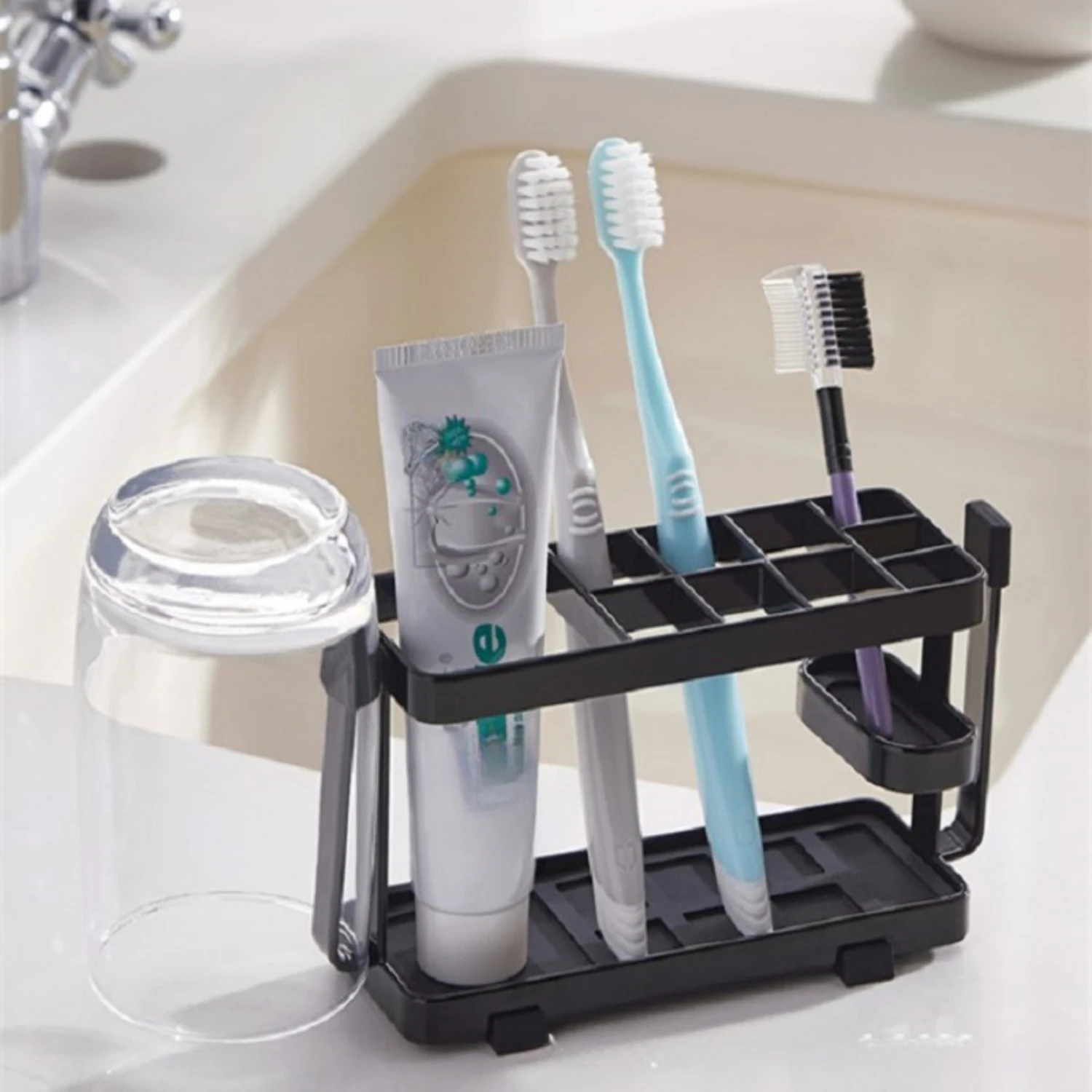 Countertop Toothbrush Holder with Bathroom Organizer Rack - Space-Saving, Easy to Clean Washroom Storage for Toothpaste & Cups (