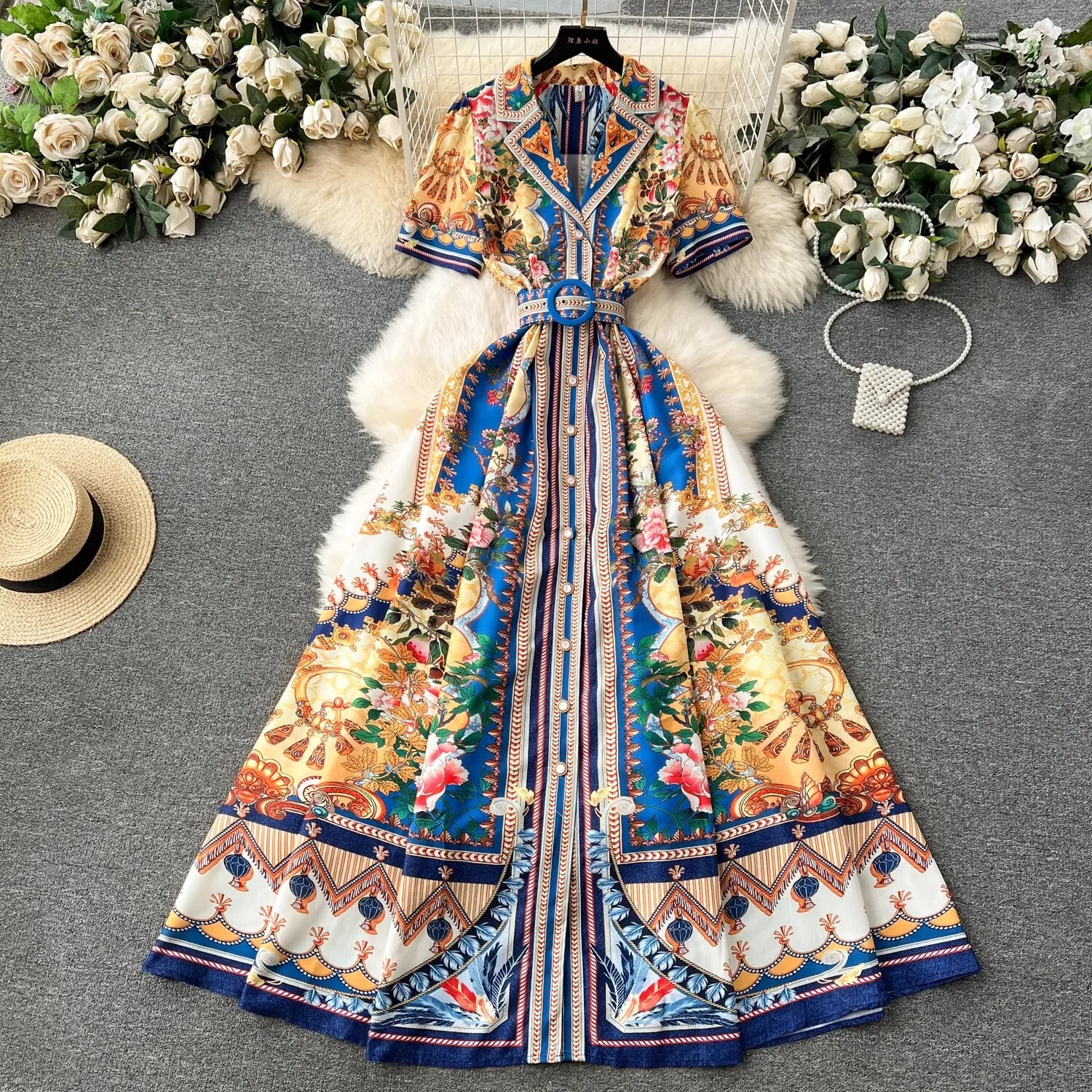 

Runway Summer Floral Maxi Cotton Linen Dress Shirt Women Palace Style Single Breast Short Sleeve A-Line Print Long Vestidos Belt