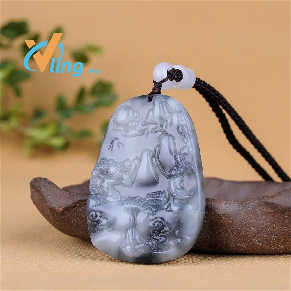 

Natural Blue and White Jade Hand-carved Landscape Pendant Fashion Boutique Men and Women Smoky Gray Landscape Painting Necklace