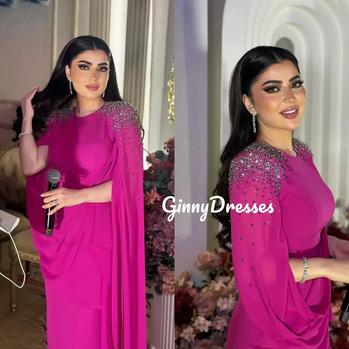 

فساتين للمناسبات الخاصة Scoop Neckline Customized Women'S Evening Dresses Floor-Length Beadings Zipper Up Long Sleeves Dresses