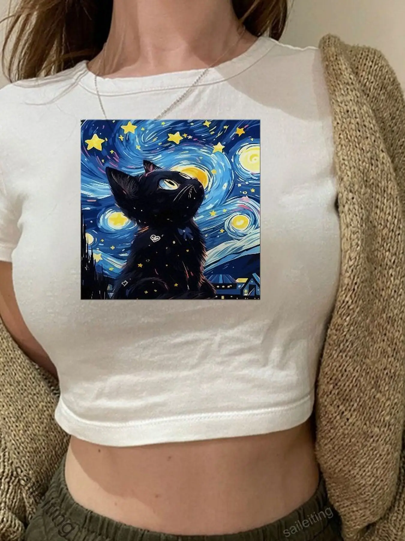 Starry Night Black Cat Graphic Crop Top - Van Gogh Inspired Square Print Tee, Short Sleeve Summer Casual Fashion for Women
