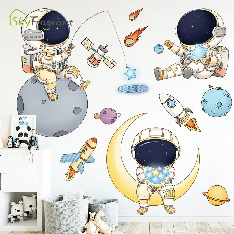 Cartoon Astronaut Wall Stickers For Kids Rooms Creative Outer Space Child Bedroom Self-adhesive Home Wall Decor Vinyl Sticker