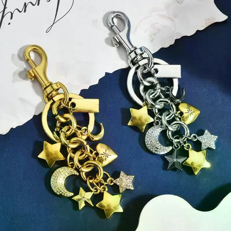 Mixed Metal Moon Star Keychain Rhinestone Bag Charm Custom Engraved Aesthetic Purse Accessory Unique Gifts For Women Celestial