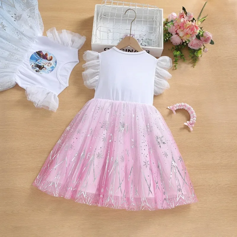 New Summer Kids Vestidos Cotton Wedding Clothes Pajama Tops Baby Girls Dresses Cartoon Frozen Elsa Print Princess Party Dress