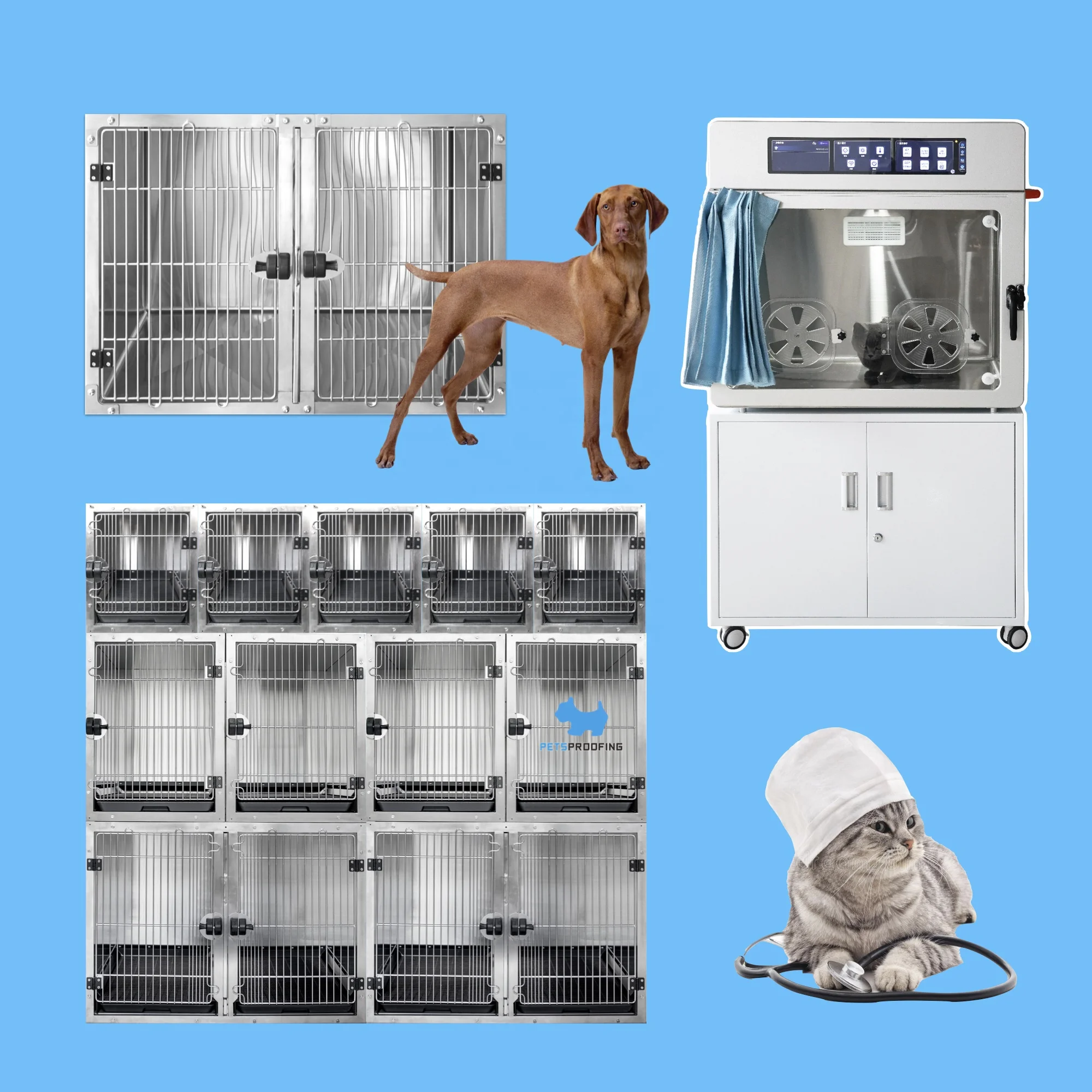 Petsproofing Kandang Hewan Hewan Multifungsi Baja Tahan Karat Besar Plastik Groomers Dokter Hewan Kandang Klinik Modular Dokter Hewan