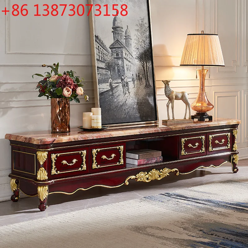 

European marble TV cabinet solid wood carving flower red sandalwood light luxury coffee table TV cabinet combination living room