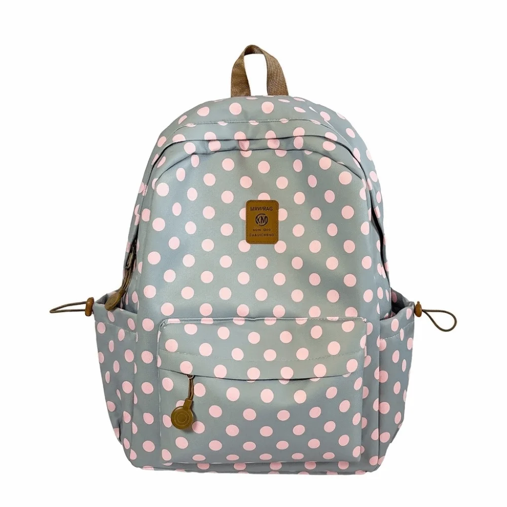 Mint Green School Backpack Brown Top Handle Polka Dot Travel Backpack Zipper Pocket Casual Style Large Capacity Backpack