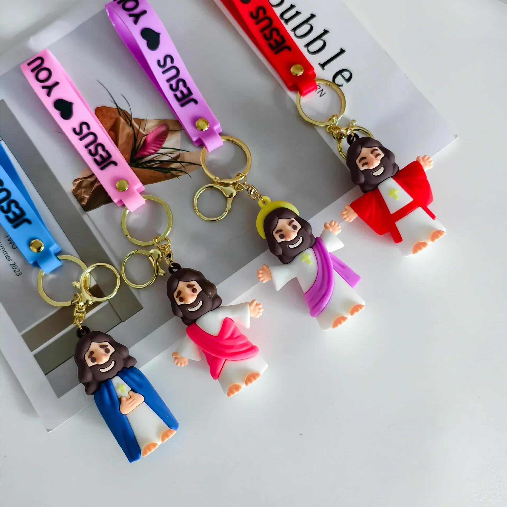 

Jesus Cartoon Keychains - Cute Silicone Religious Key Rings with Colorful Straps, Christian Themed Bag/Key Accessories