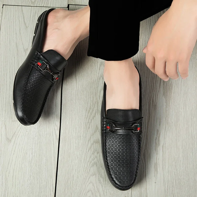 Men's genuine leather shoes, comfortable, high-quality, fashionable, soft half slippers, flat bottomed casual shoes, work and d