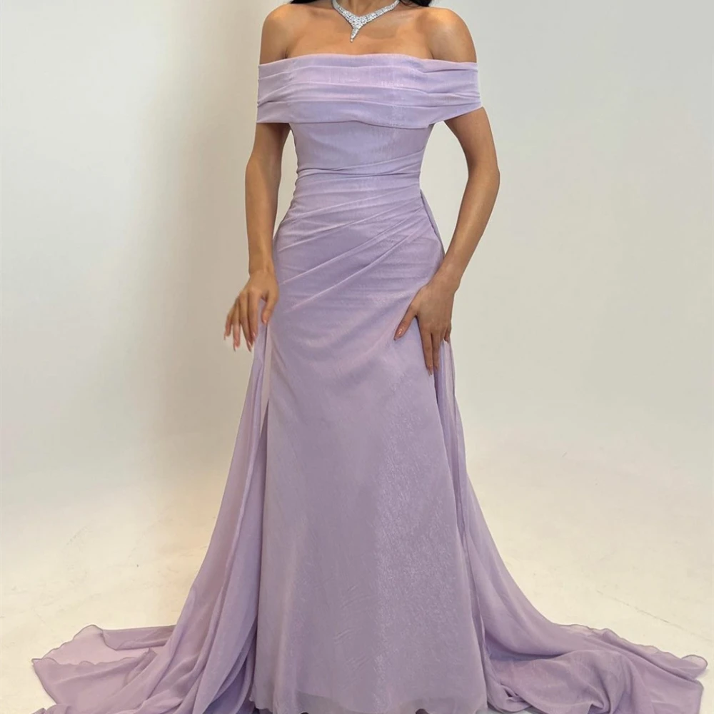 Elegant Long Lilac Chiffon Evening Dresses A-Line Boat Neck Floor Length Wedding Guest Clothes Prom Dresses for Women Plus Size