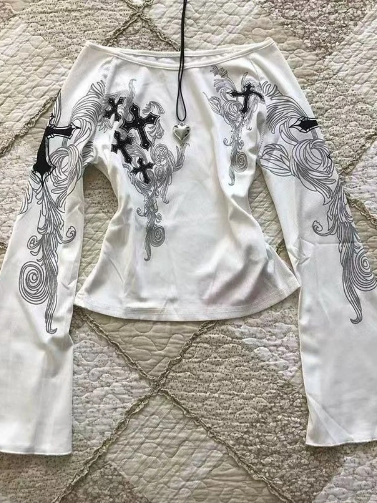 الخريف الجمالية القوطية سليم تي شيرت النساء Y2k الأبيض الشرير الجرونج ريترو مثير طباعة القمم طويلة الأكمام خمر Harajuku الملابس جديد