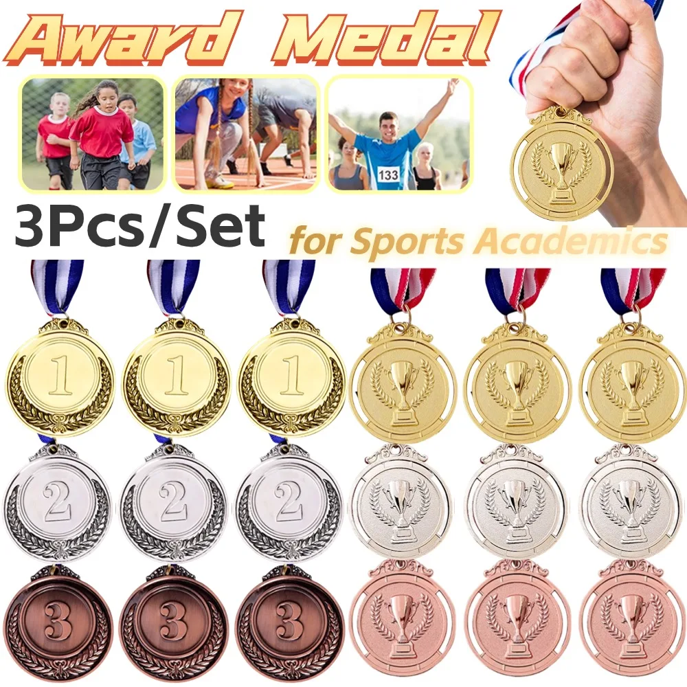 3 Pcs Set Metal Award Medals with Neck Ribbon Gold Silver Bronze Style for Sports Academics Competition Medal Winner Reward