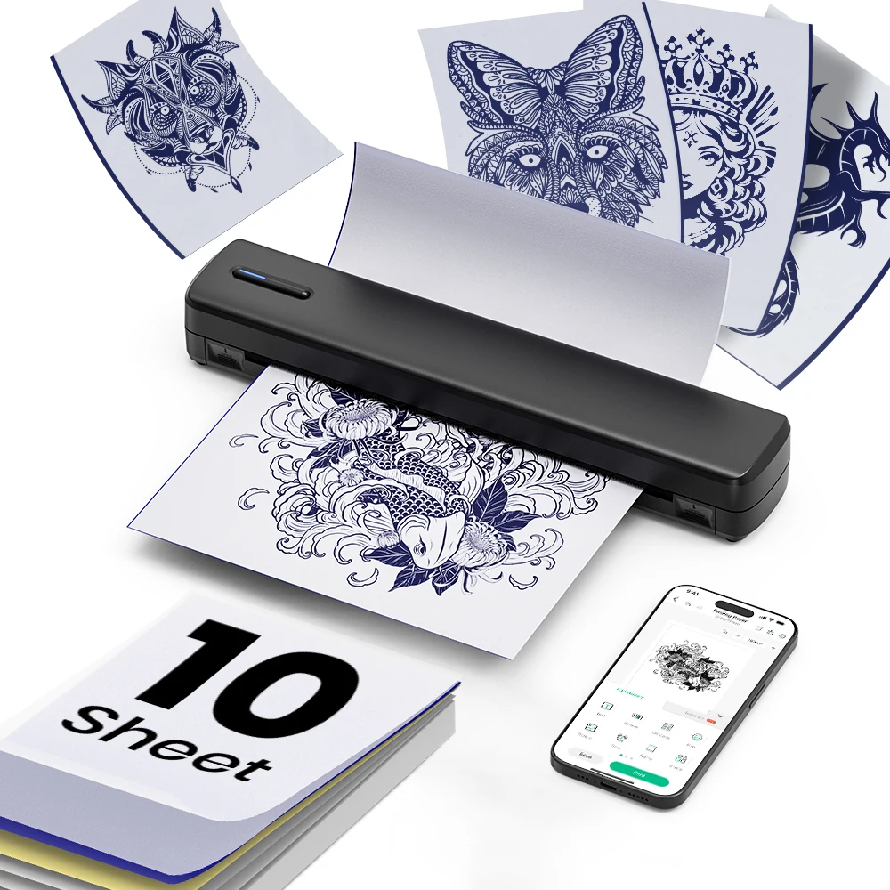 Portable Thermal Printer Suitable for Smartphones & Tablets with 10-Sheet Tattoo Transfer Paper Compatible for, Instant Thermal Paper Printing, Ink-Free Operation, for Office Tattoo Studio Use