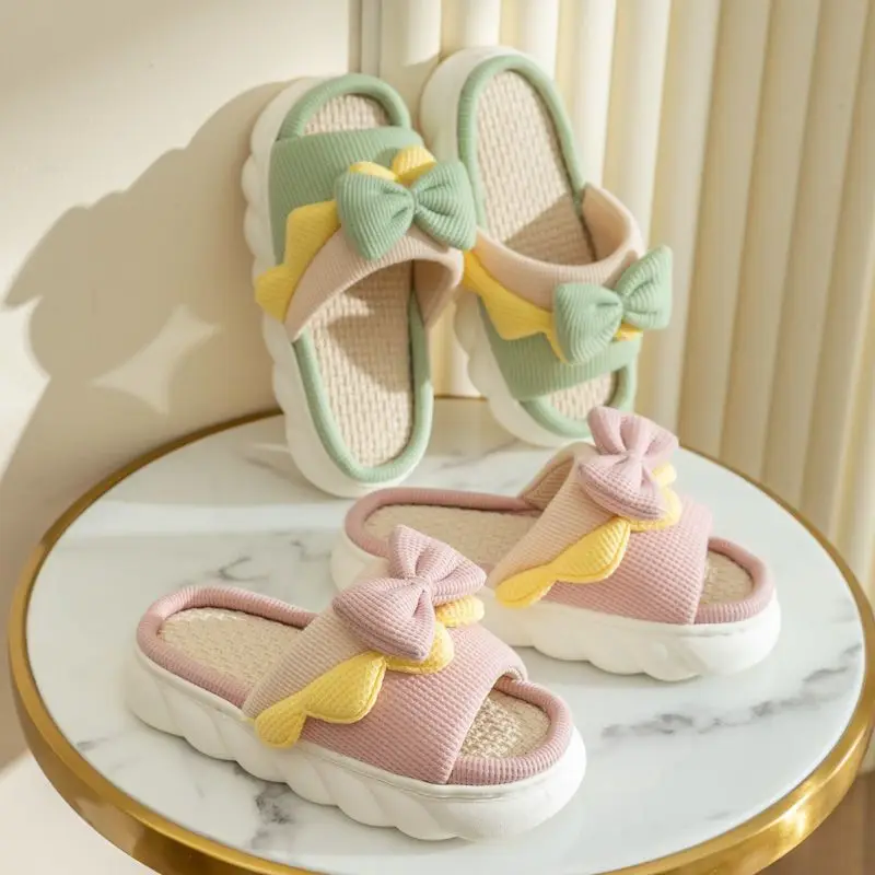 Linen Slippers Women Indoor Slippers Comzy Anti-Slip House Cotton Shoes Cute Bowknot Flat Slipper Couples Slides image 2