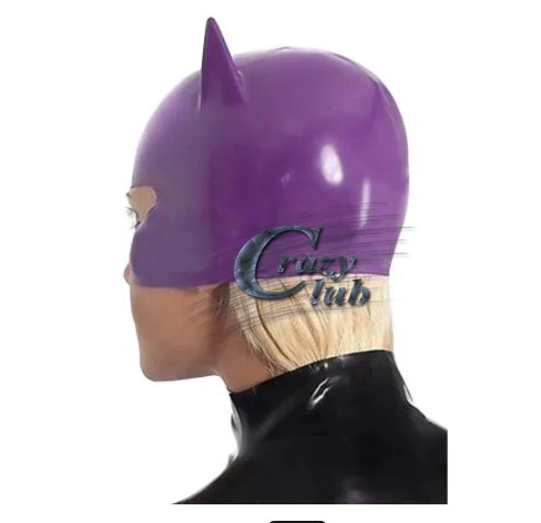 Crazy Club Rubber Latex Hood Purple Half Face Mask No Zipper Cosplay Catwomen Party Hood