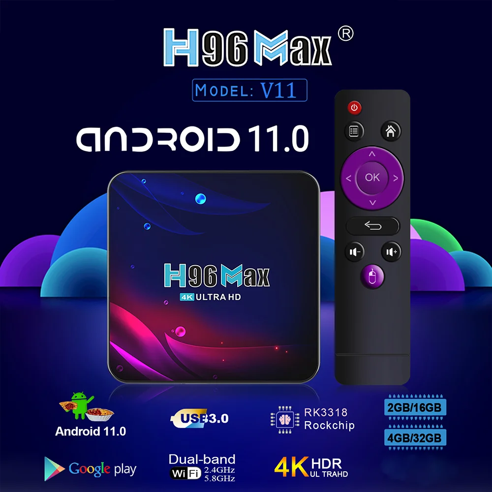 H96 ماكس v11 تي في بوكس ، أندرويد ، 4k ، 4g + 64gb ، 2g + 16gb ، rk3318 رباعي النواة ، wifi وقي g/5g IPTV صندوق أندرويد ذكي