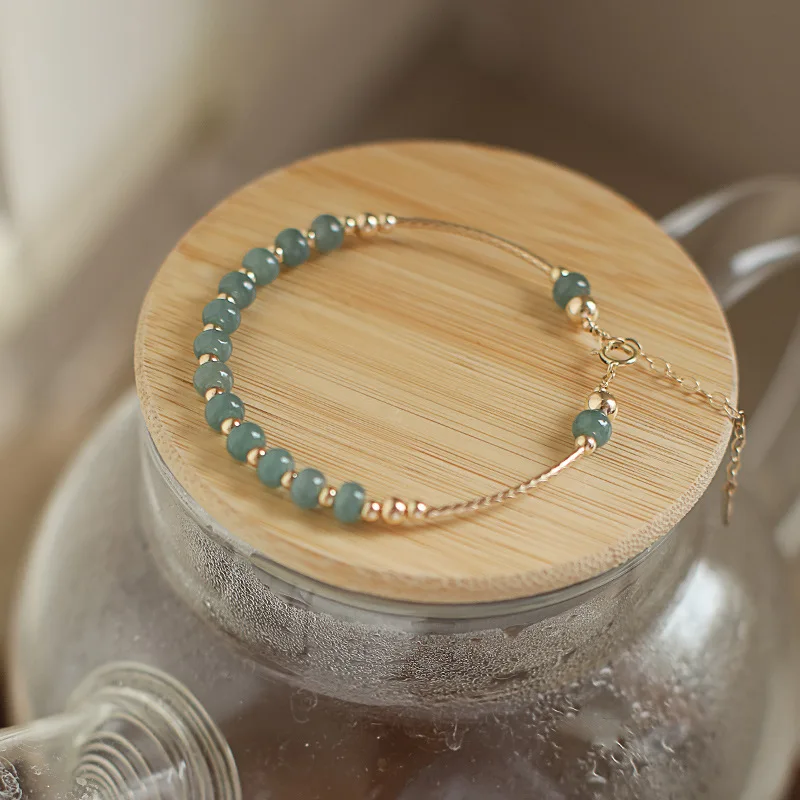 

Natural A-Grade Blue Jadeite Adjustable Bracelet, 14K Gold Filled Thin Midsize Woman Jewelry, Style Healing Energy G