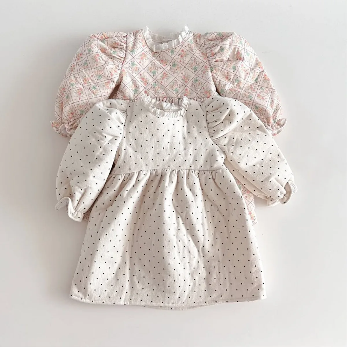 2025 Winter New Baby Girl Long Sleeve Warm Dress Infant Girl Lace Collar Polka Dot Princess Dress Toddler Cotton Padded Dress