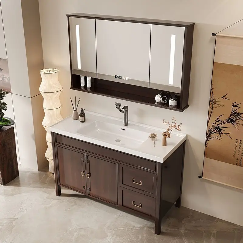 Factory Direct 2026 Oak smart bathroom cabinet mirror paint solid wood new Chinese bathroom washstand ceramic
