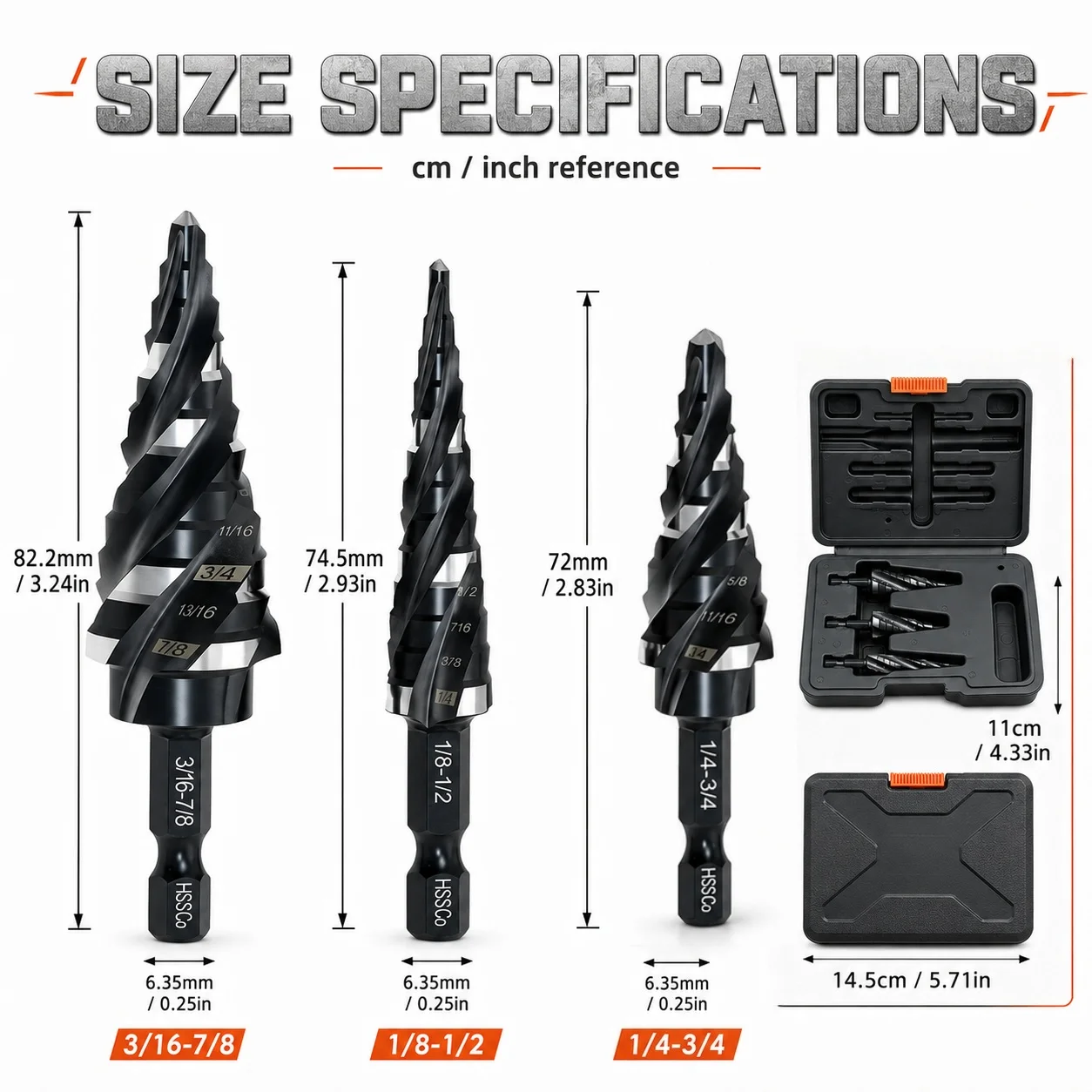 Spiral Groove Step Drill Bits 3Pcs HSS‑Co Cobalt High Speed Steel Hex Shank Multi‑Size Hole Cutter Set for Stainless Steel Metal