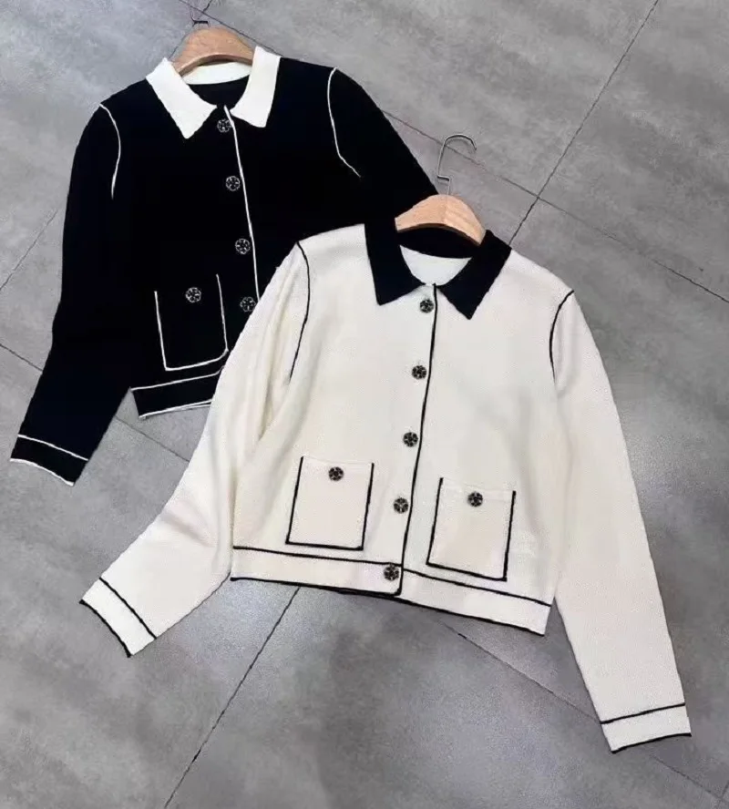 

Новый свитер высшего качества, кардиганы, осень-зима 202, топы, женские топы с отложным воротником и бисером, карман на пуговицах, деко, черный, белый цвет, кардиган