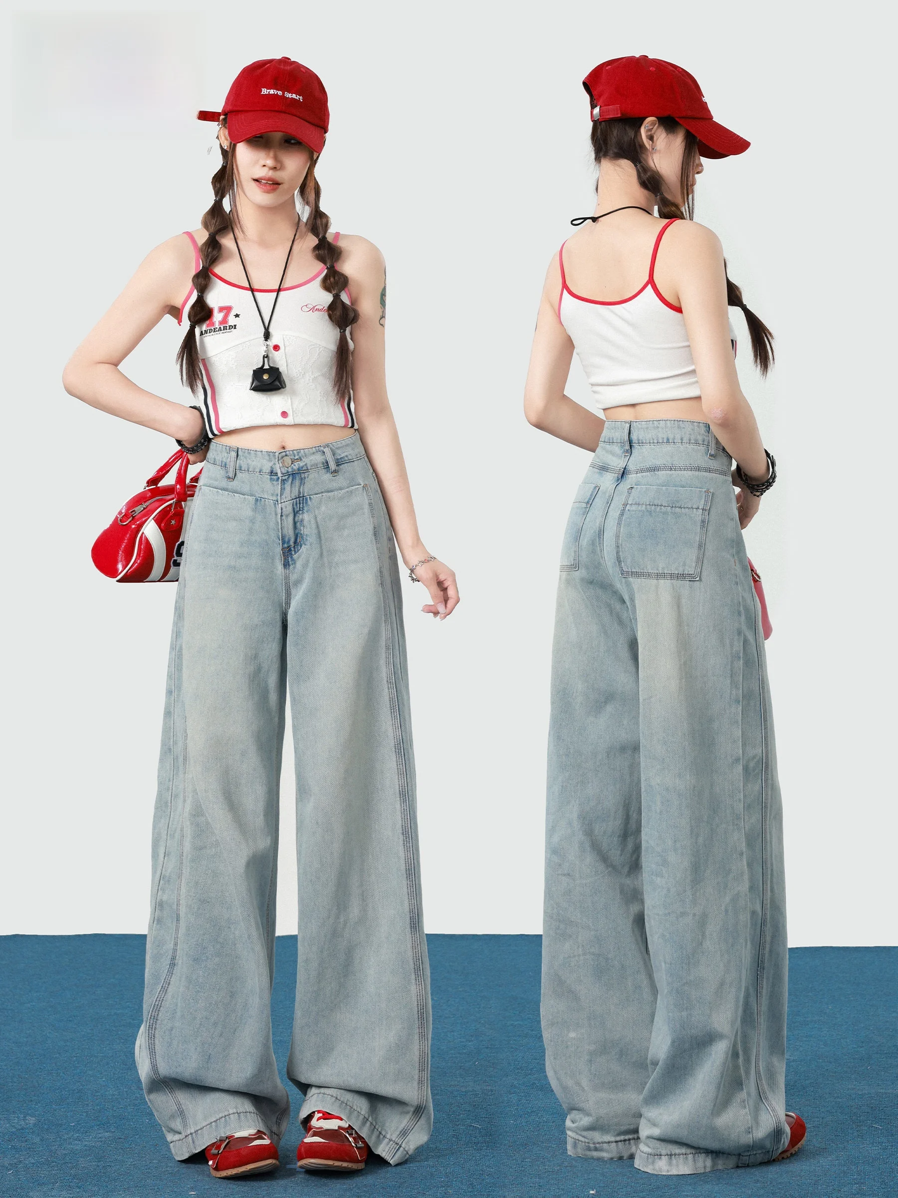 

American Style High Waist Wide Leg Blue Jeans Women's Early Autumn New Small Size Slim Loose Floor-Length Straight Pants
