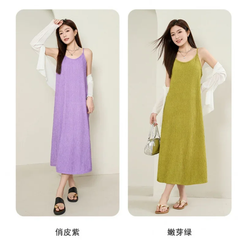 Original Black White Chiba Pleated Suspender Fashion Slimming Dress Women's Casual All-Match Loose Drooping Dress - Image 4