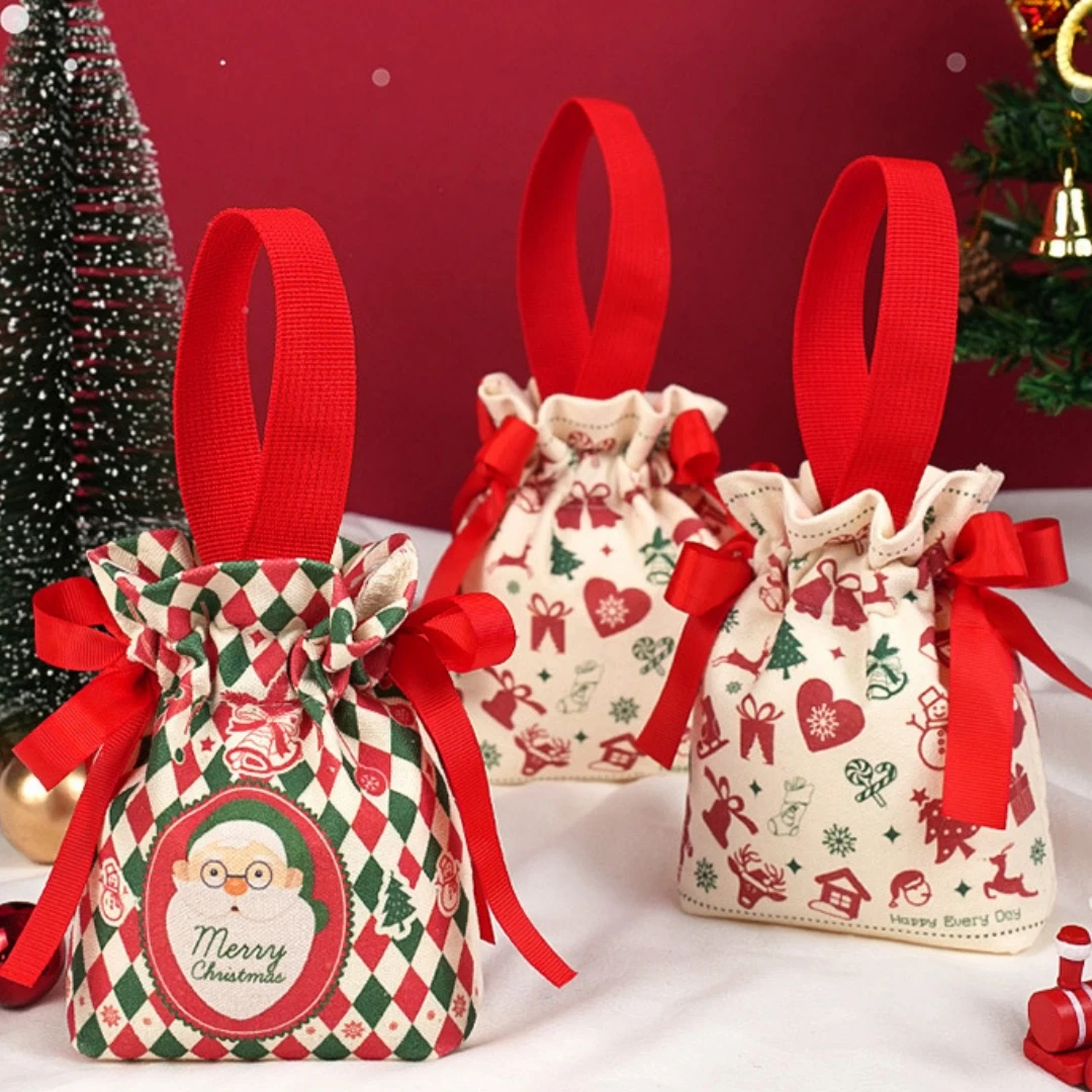 حقيبة هدايا عيد الميلاد مصنوعة يدويًا حقيبة برباط لعيد الميلاد حقيبة قماش قنب حقيبة تغليف الهدايا الاحتفالية لعطلة هدايا حفلات الأطفال