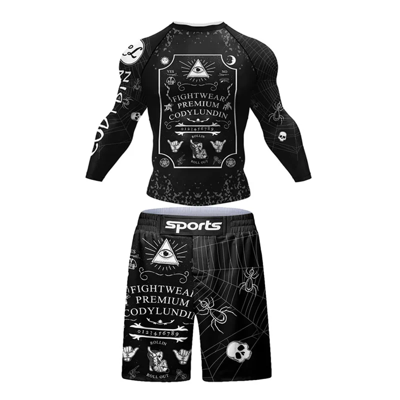 Nowe męskie koszulki Rashguard MMA Jiu JitsuT + spodnie 4 sztuk/zestaw koszulki bokserskie Bjj KickBoxing spodenki Muay Thai odzież sportowa odzież