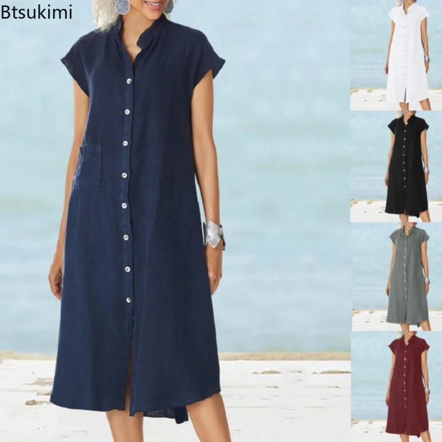 

2024 Women's Cotton Linen Dress Summer Sleeveless Stand Collar Single Breasted Shirt Dress Casual Solid Cardigan Vestidos Femme